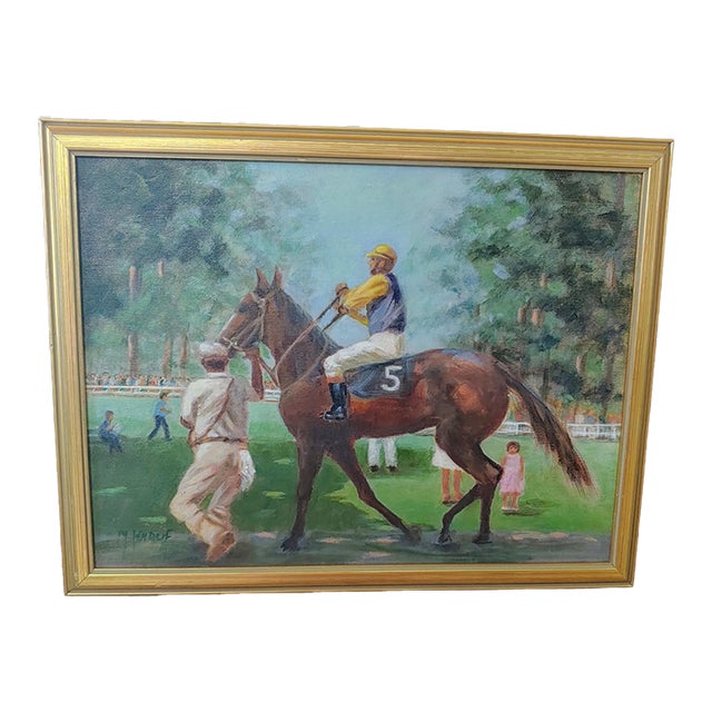 Vintage Signed Horse Racing Scene Painting, Framed For Sale