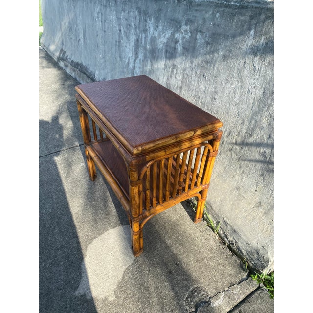 Brown Bamboo Table . Mid Century Modern Bamboo Table. Bamboo and Rattan Table With Woven Top Detail and Shelf For Sale - Image 8 of 12