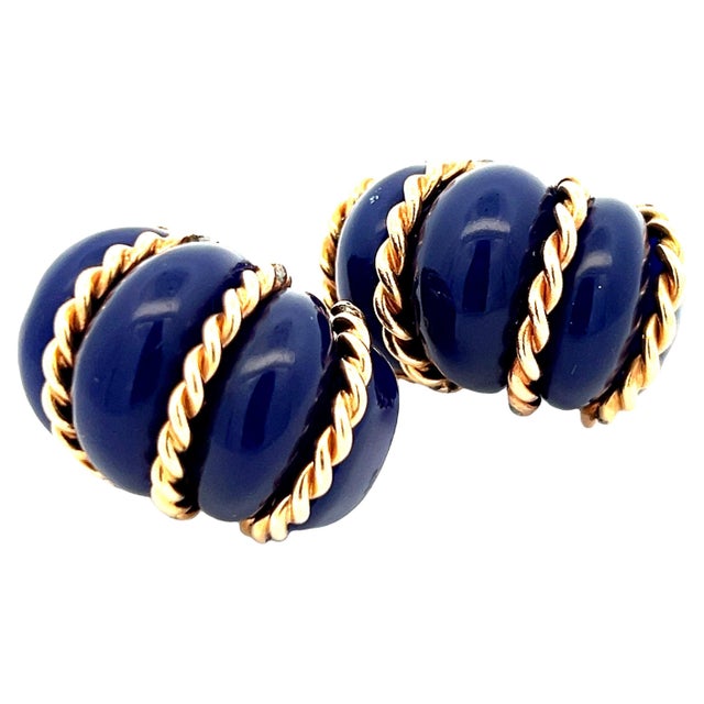 1960 Estate Blue Agate & 14K Gold Ribbed Clip-On Earrings For Sale
