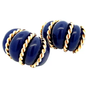 1960 Estate Blue Agate & 14K Gold Ribbed Clip-On Earrings