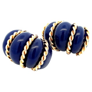 1960 Estate Blue Agate & 14k Gold Ribbed Earrings For Sale