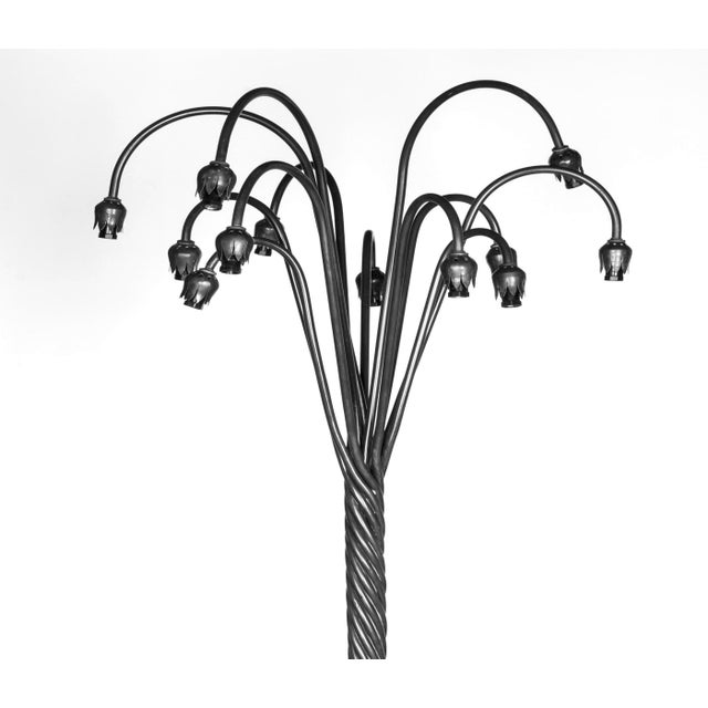 Mid 20th Century Tiffany Style Bronze Twelve-Light Floor Lamp With Charles Lotton Art Glass Shade For Sale - Image 5 of 11
