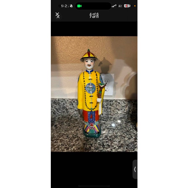 Asian Vintage Mid Century Handpainted Chinese Pair Asian Porcelain Qing Dynasty Figures For Sale - Image 3 of 6