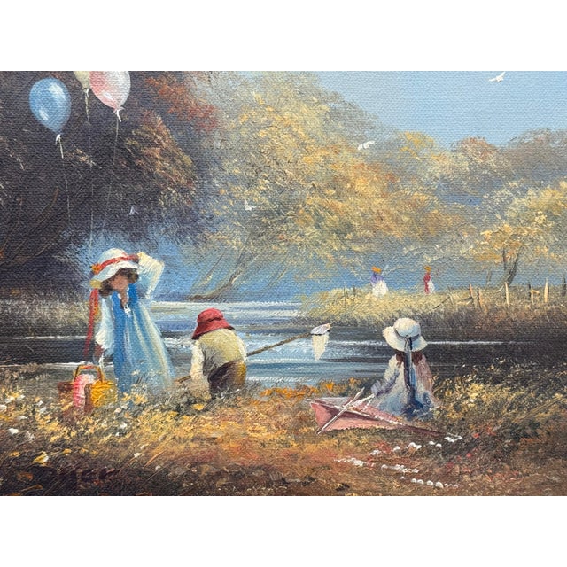 Oil Painting of Children Playing on Summers Day in the English Countryside 1980 Circa For Sale - Image 14 of 15