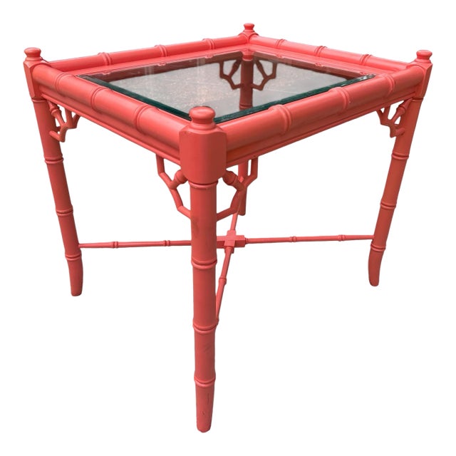 Vintage Chinoiserie Faux Bamboo Thomasville Table Palm Beach Style Beveled Glass Beautiful For Sale