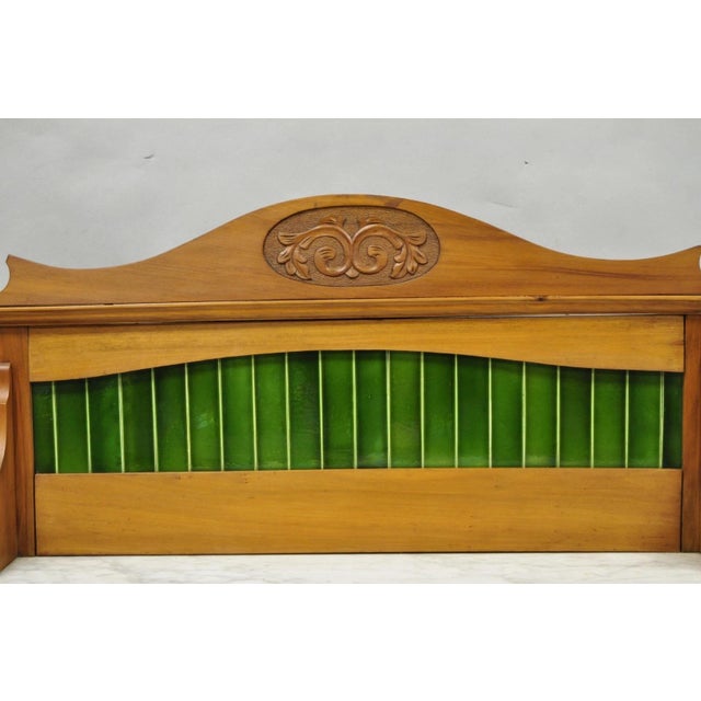 Wood Antique English Arts & Crafts Birch Wood Green Tile Backsplash Washstand Server For Sale - Image 7 of 18