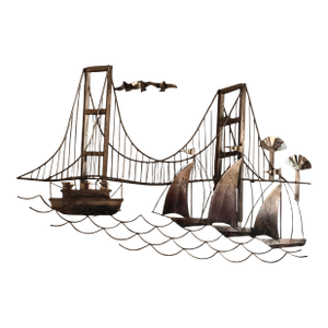 Mid 20th Century C. Jere-Style Nautical Metal Wall Sculpture With Bridge and Sailboats
