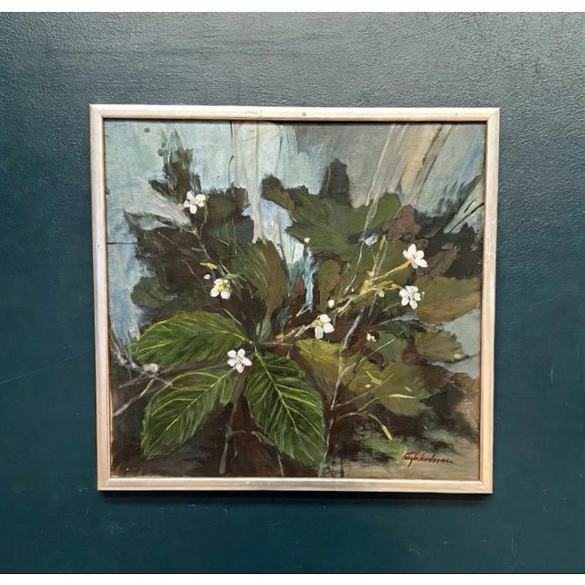 Original swedish oil on canvas – “white blossoms” by m. Jakobsson – signed – vintage & framed – 46 × 44 cm (18.1" × 17.3")...