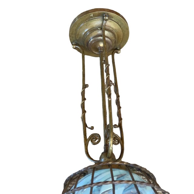 Art Nouveau 1900s Art Nouveau Solid Brass Fixture With Original Phoenix Swirl Glass Globe Shade For Sale - Image 3 of 7