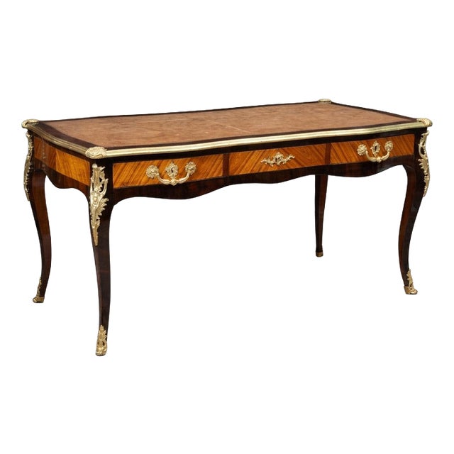 Antique French Napoleon III Style Bureau Plat Desk in Exotic Wood with Gilded Bronze Inlays, France, 19th Century For Sale