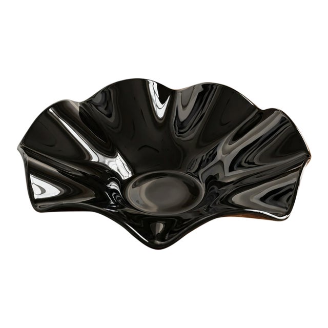 Large 12.5” l.e. Smith Black Amethyst Glass Hand-Fluted Console Bowl For Sale