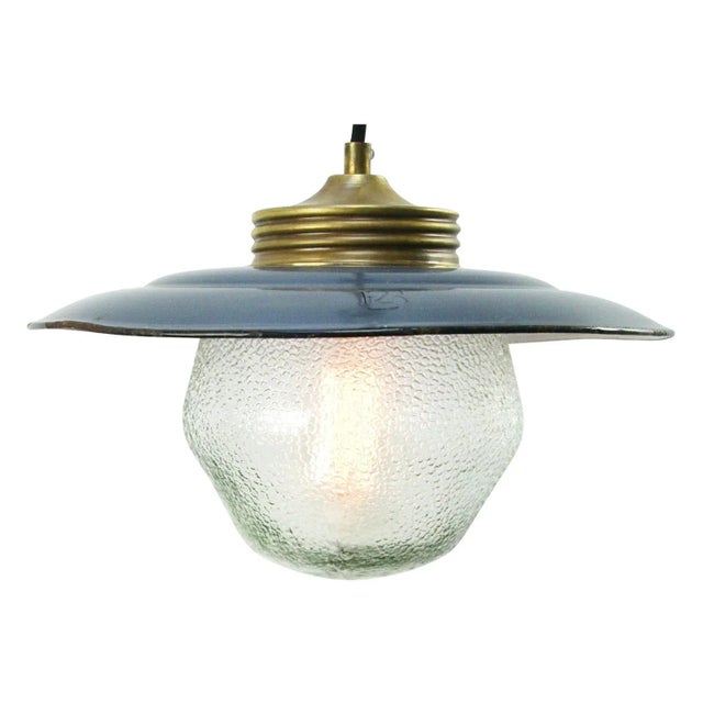 Mid-Century Modern Vintage Blue Enamel and Brass Frosted Glass Pendant Light For Sale - Image 3 of 6