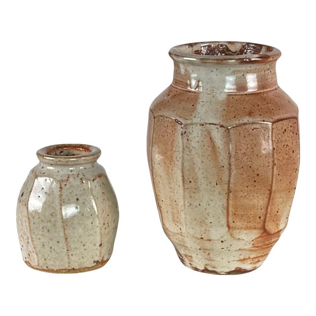 Mid 20th Century Two Faceted Glazed Pottery Vases by Warren MacKenzie For Sale