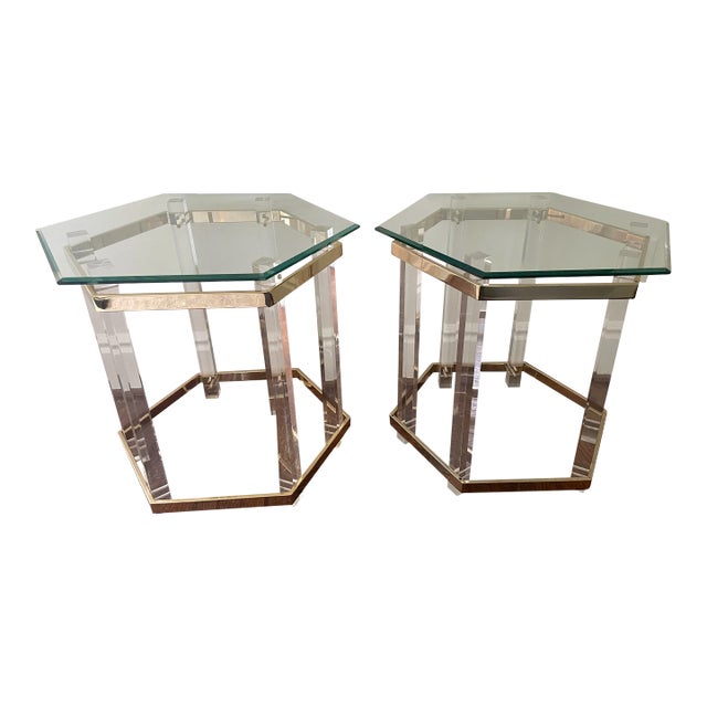 Vintage Lucite, Brass and Glass Side Tables by Charles Hollis Jones - a Pair For Sale