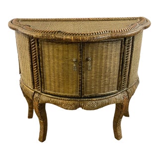 Vintage Hollywood Regency Boho Chic Wicker and Rattan Console Cabinet For Sale