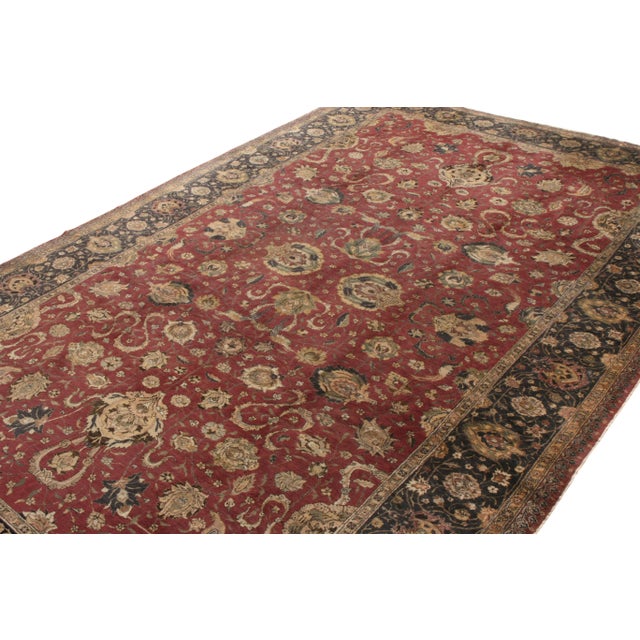 Traditional Hand-Knotted Antique Hereke Rug in Red, Beige-Brown Floral Pattern, Black Border For Sale - Image 3 of 7