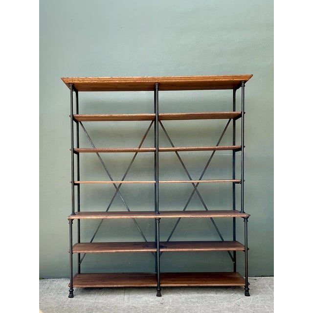 Brown Vintage French Plank Wood and Metal Industrial Bookshelf For Sale - Image 8 of 12