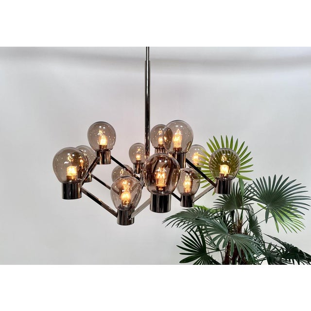 Large Italian Chromed 3d-Grid-Structure Chandelier with 12 Smoked Glass Domes, 1960s For Sale - Image 12 of 14