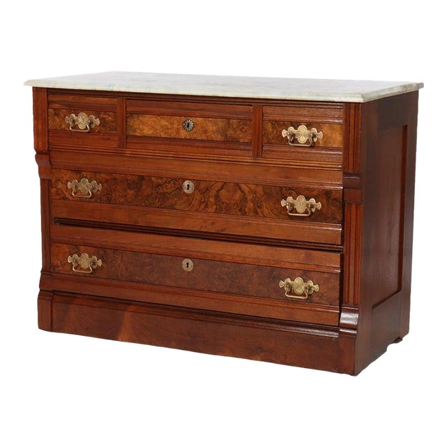 Antique Eastlake Walnut Five Drawer Marble Top Dresser C1890 For Sale