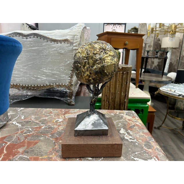 Mid Century Mixed Metal Sculpture. Offered is an interesting mid century abstract steel and brass table sculpture mounted...