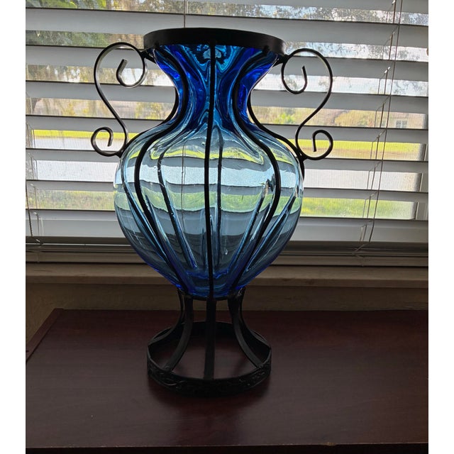 Mid-Century Modern Vintage Mid-Century Hand-Blown Cobalt Blue Caged Glass Vase With Wrought Iron Fram For Sale - Image 3 of 4
