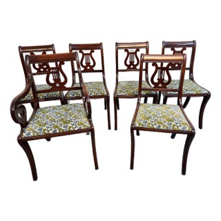 Mid 20th Century Mid-Century Vintage Mahogany Klismos Lyre Back Dining Chairs - Set of 6 For Sale