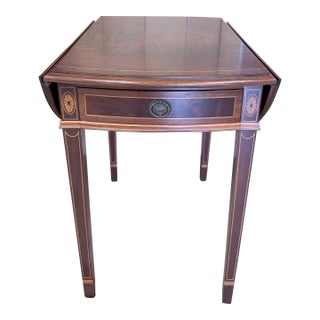 Late 20th Century Inlaid Mahogany Drop Leaf Accent Table With Dual Drawers For Sale