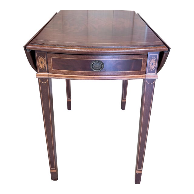 Late 20th Century Inlaid Mahogany Drop Leaf Accent Table With Dual Drawers For Sale