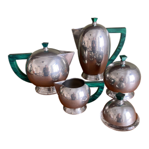 Late 20th Century French Art Deco Style Pewter Tea and Coffee Serving Set -9 Pieces