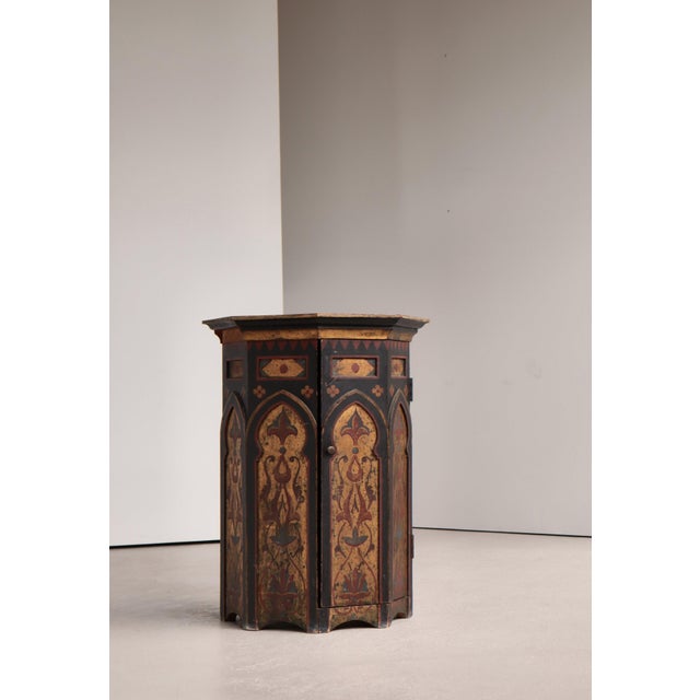 Striking antique Scandinavian column cabinet with a highly decorative hand-painted surface and an architectural, almost...
