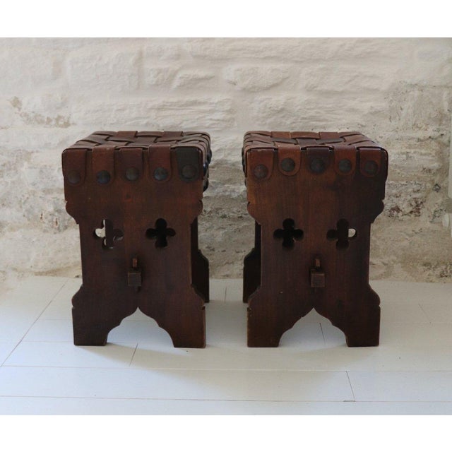 Vintage Brutalist Wood and Leather Stools, 1950s, Set of 2 For Sale - Image 3 of 12