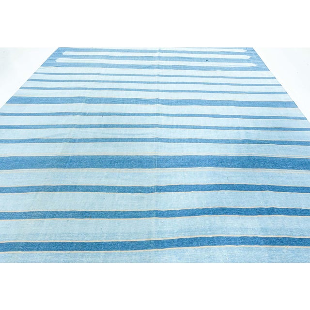 Vintage Indian Dhurrie Striped Blue rug by Doris Leslie Blau Size: 6'5" × 14'6" (195 × 441 cm) This striking vintage...
