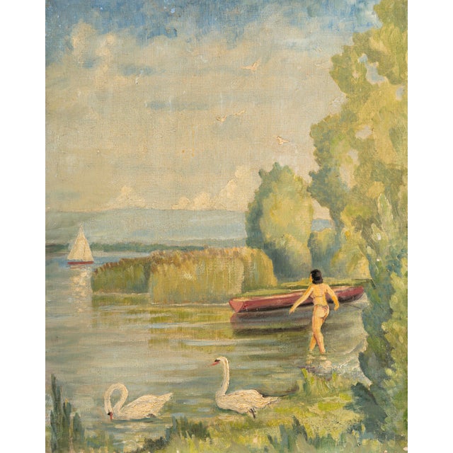 Jules Gaillepand, Lakeside Scene with Nude Figure Swans and Sailboat, 1920s, Oil on Canvas For Sale - Image 16 of 16