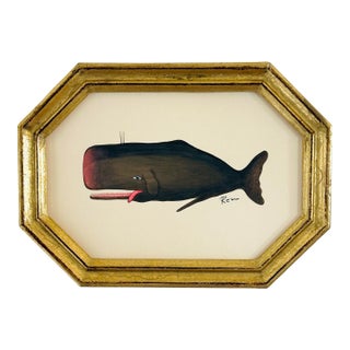 Original Hand-Painted Whimsical Baby Whale Painting in a Vintage Italian Gold Frame For Sale