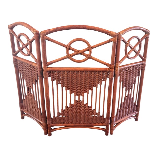1940's Bamboo and Rattan Woven Wicker Folding 3 Panel Fireplace Screen For Sale