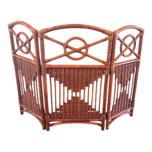 1940's Bamboo and Rattan Woven Wicker Folding 3 Panel Fireplace Screen
