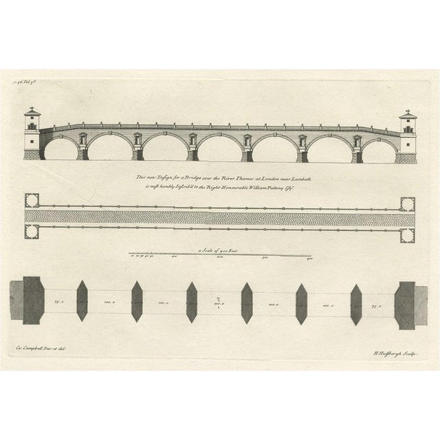 Campbell, Design for a New Bridge Across the Thames at Westminster, London, 1725, Print For Sale