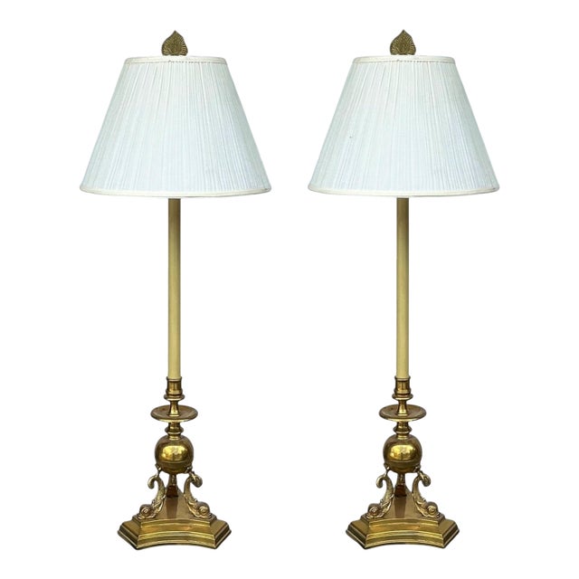 Frederick Cooper Brass Neo-Classical Style Table or Buffet Lamps W/ Dolphins / Koi - Pair For Sale