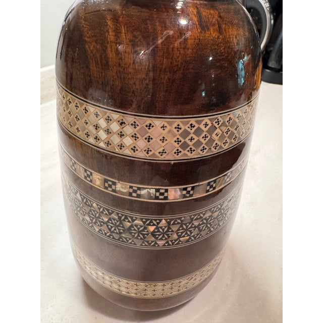 Wood Antique Handcrafted Mother-of-Pearl Inlaid Heavy Wood Vase. 12 in/30.5 Cm For Sale - Image 7 of 12