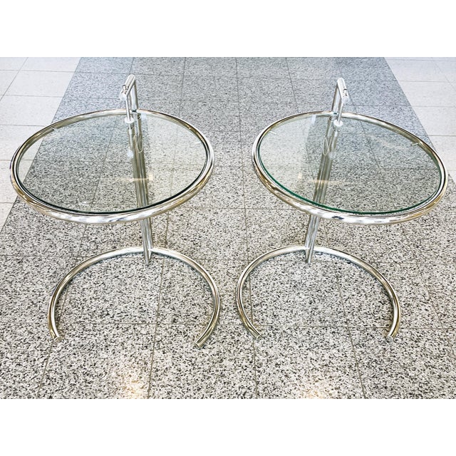 Modern Late 20th Century Eileen Gray Style Round Chrome Steel & Glass Side Tables - A Pair For Sale - Image 3 of 11