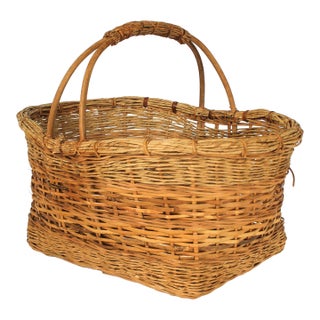 Vintage Woven Wicker & Rush Market Basket For Sale