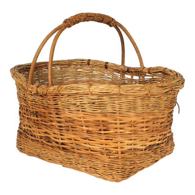 Vintage Woven Wicker & Rush Market Basket For Sale