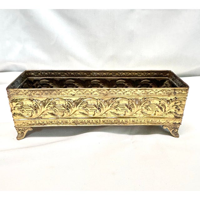 English Hollywood Regency Floral Embossed Brass Footed Cachepot Planter For Sale - Image 3 of 6