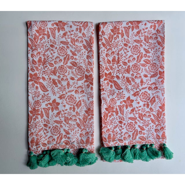 Modern Pair Unused White Cotton, Coral Floral, Teal Tasseled Hand Towels For Sale - Image 3 of 17