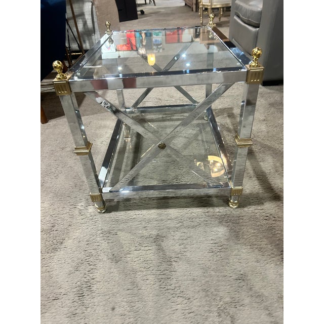 Metal Vintage Chrome and Brass Based Two-Tier Glass End Table For Sale - Image 7 of 7