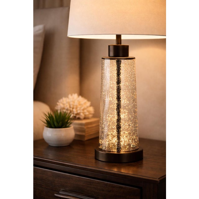 Glass Contemporary Seeded Bubble Glass Table Lamps With Linen Drum Shades - a Pair For Sale - Image 7 of 7