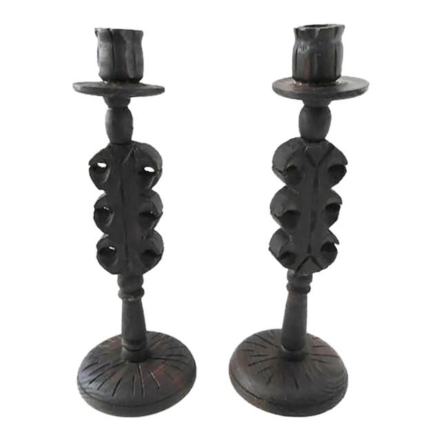 Antique Walnut Hand-Carved Taper Candle Holders - Set of 2 For Sale