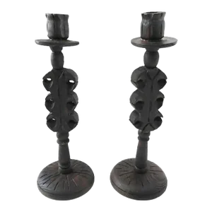 Antique Walnut Hand-Carved Taper Candle Holders - Set of 2