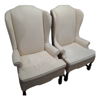 Pair of Vintage Colonial Revival Style Wingback Arm Chairs - Natural Linen For Sale