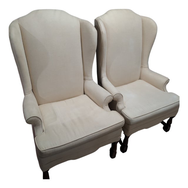 Pair of Vintage Colonial Revival Style Wingback Arm Chairs - Natural Linen For Sale